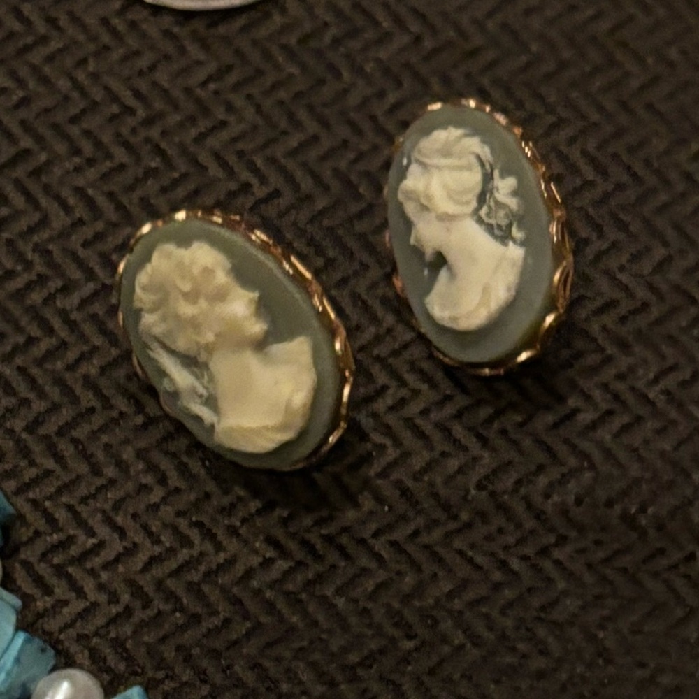 Elegant Gold/green/Cream Cameo Earrings pair and smaller tan cameo on hoops